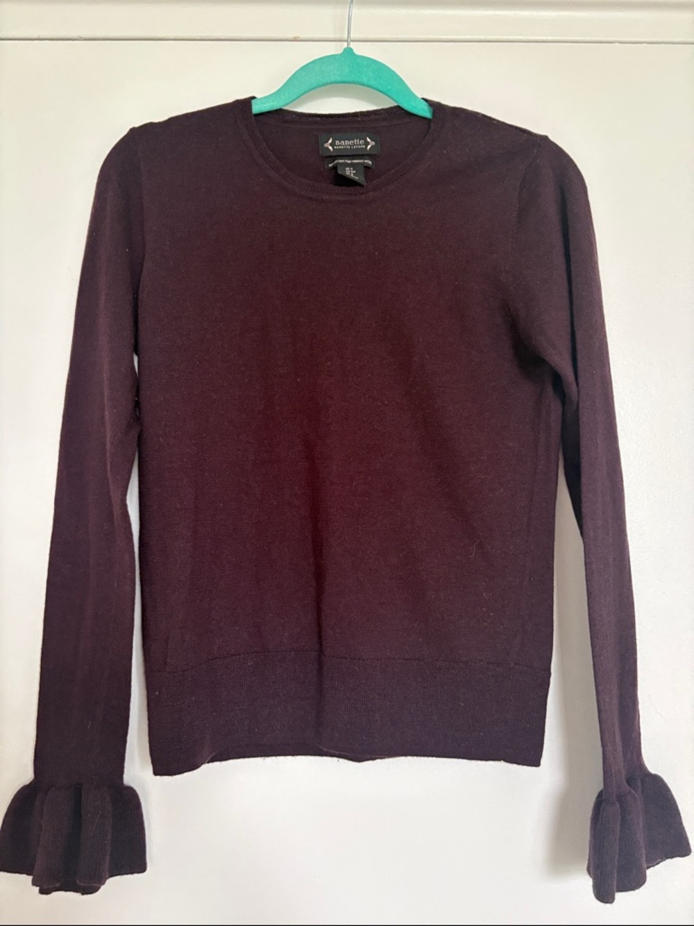 Nanette Leporr Burgundy Ruffle Cuff Crewneck Sweater